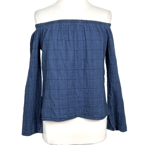 CLOTH & Stone Anthropologie Stitched Window Pane Off-The-Shoulder Peasant Top M - Picture 1 of 7